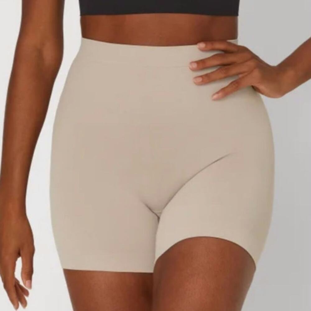 Maidenform shapewear thigh slimmer shorts in a nude/beige color. Size XL